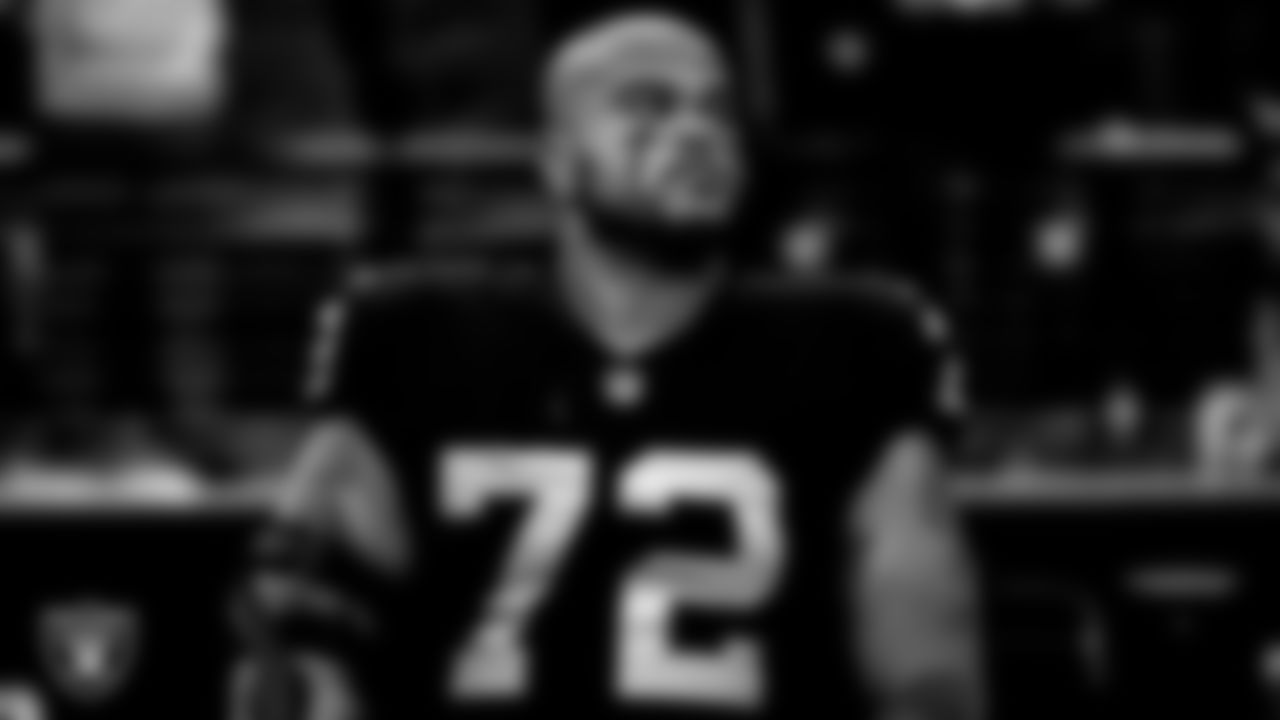 Las Vegas Raiders offensive lineman Jermaine Eluemunor (72) during the national anthem before the regular season home game against the Houston Texans at Allegiant Stadium.