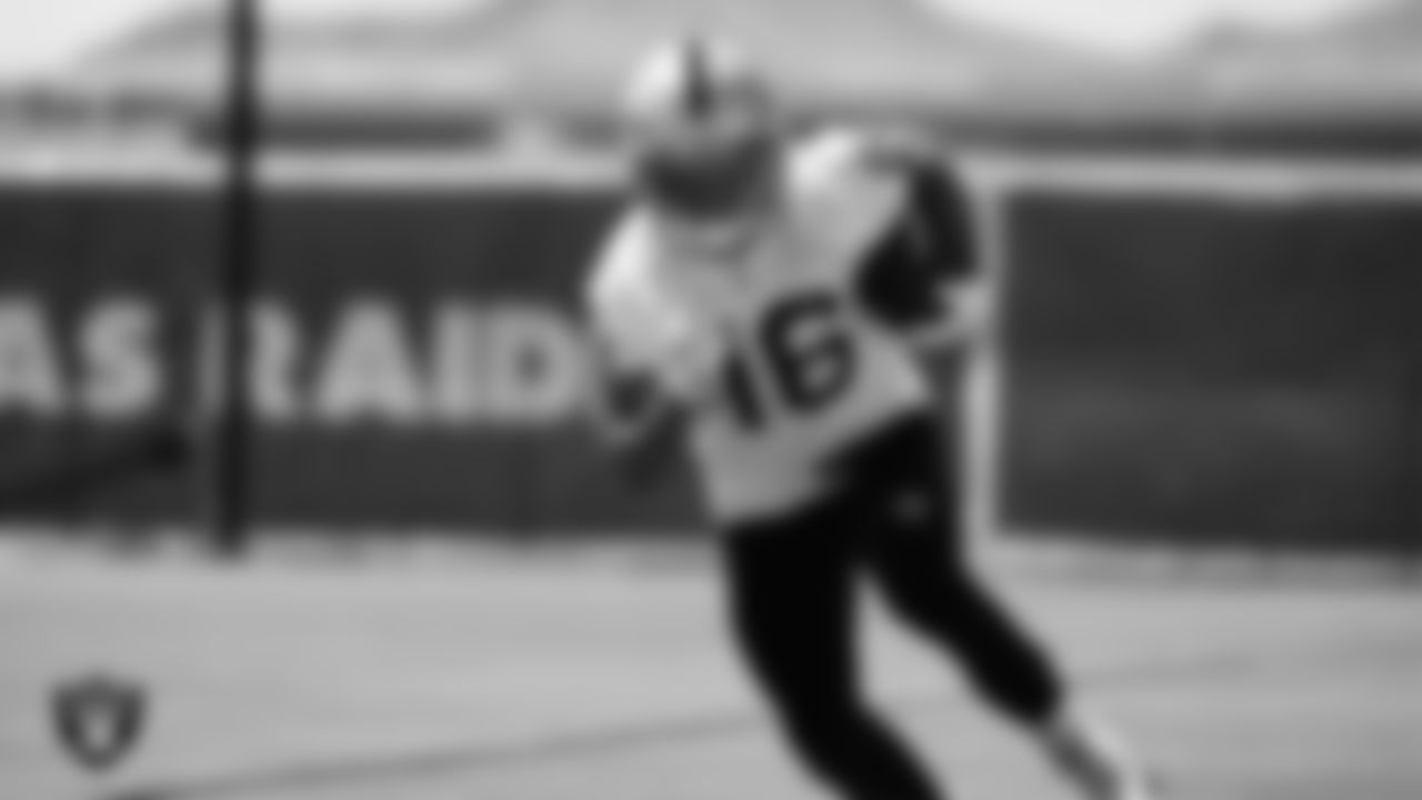 Las Vegas Raiders wide receiver Dillon Stoner (16) at an Organized Team Activity (OTA).