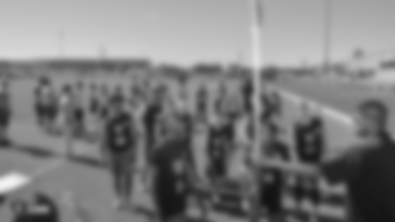 The Raiders, represented by alumnus Leo Gray, collaborate with the Las Vegas Metro Police Activities League to start a 7-on-7 NFL FLAG Passing League for high school junior varsity athletes, Saturday, April 20, 2019, at Rancho High School in Las Vegas, Nev.