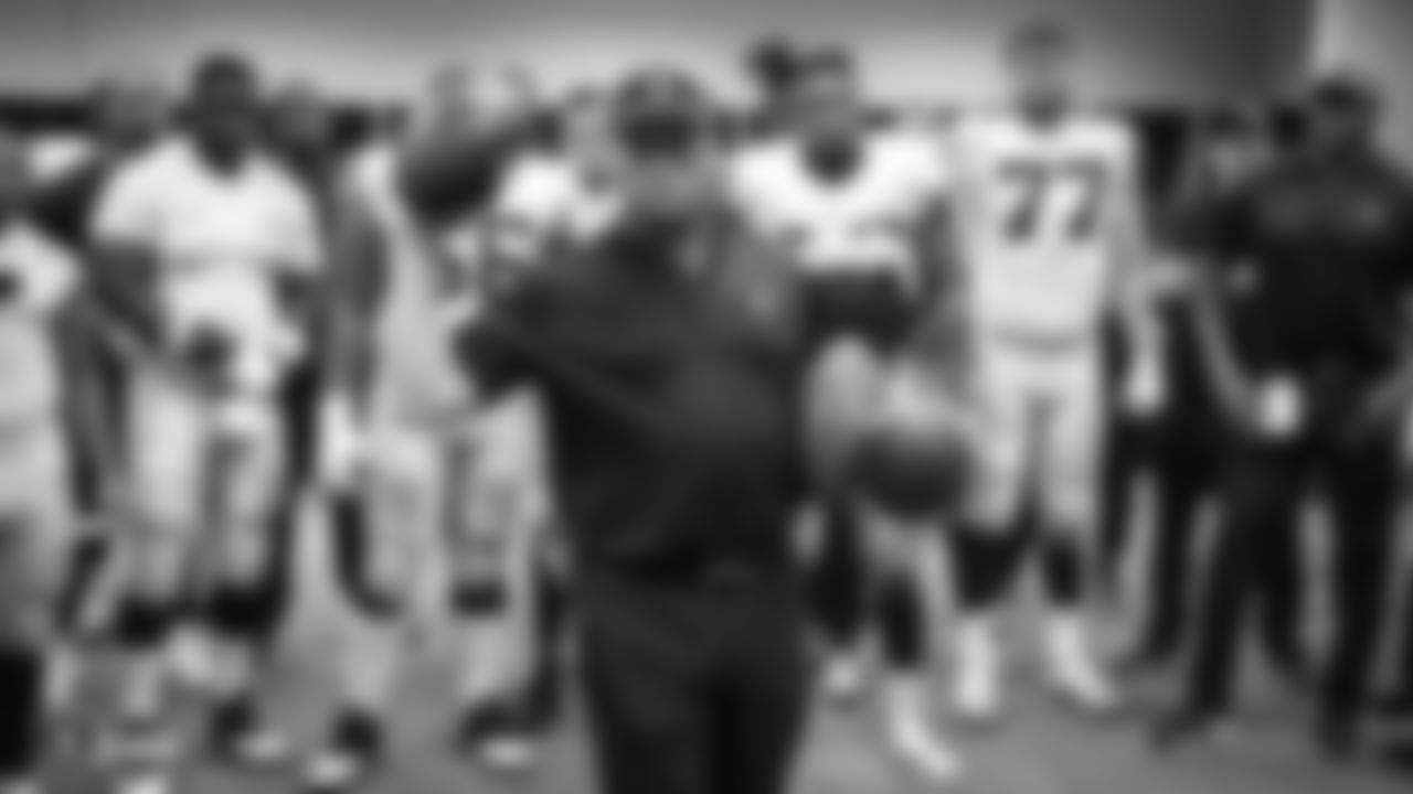 Oakland Raiders head coach Jon Gruden addresses his players after the Oakland Raiders regular season game against the Arizona Cardinals at State Farm Stadium, Sunday, November 18, 2018, in Glendale, Arizona. The Oakland Raiders won 23-21.