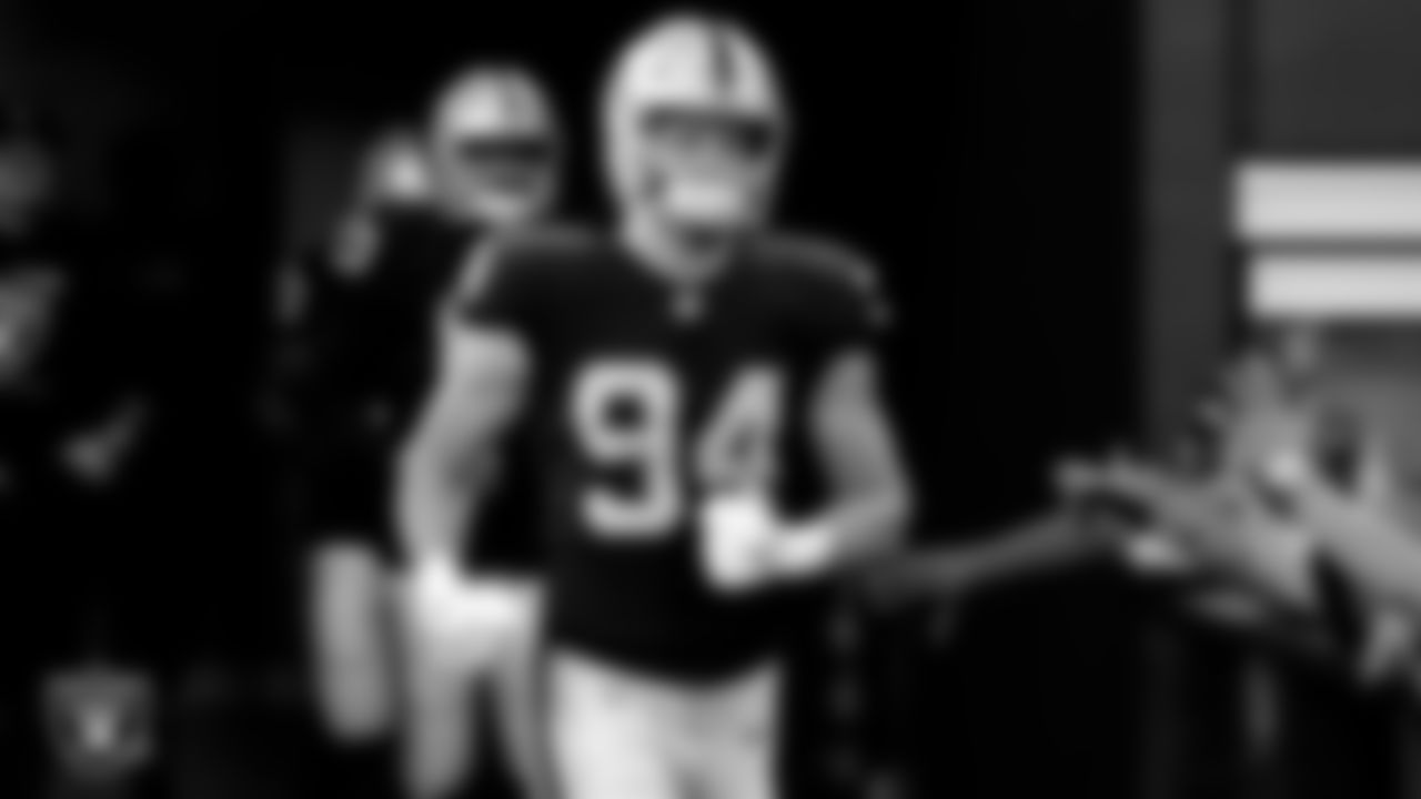 Las Vegas Raiders defensive end Carl Nassib (94) walks down the tunnel before the regular season away game against the Dallas Cowboys.
