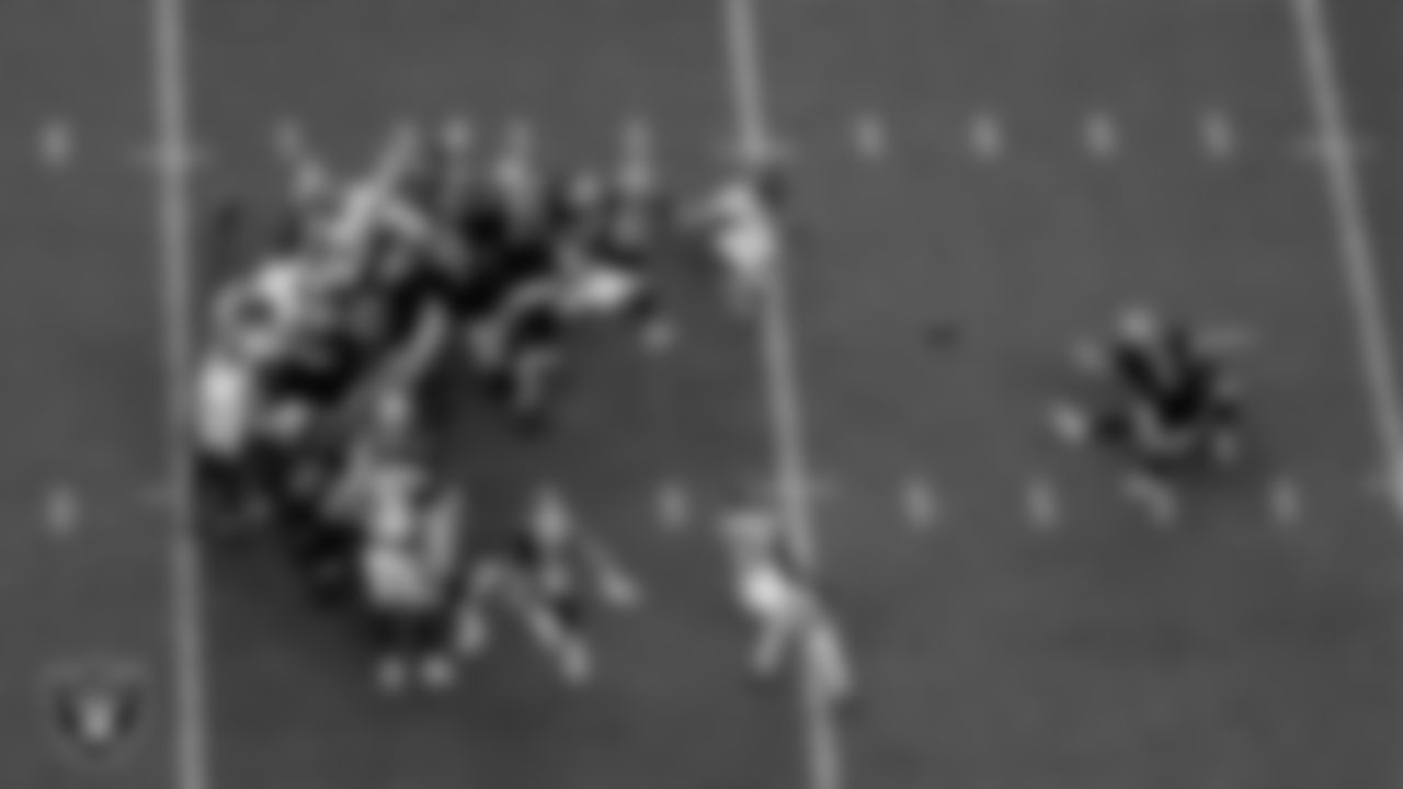 Las Vegas Raiders kicker Daniel Carlson (2) kicks a 23-yard field goal during the preseason home game against the Minnesota Vikings at Allegiant Stadium.
