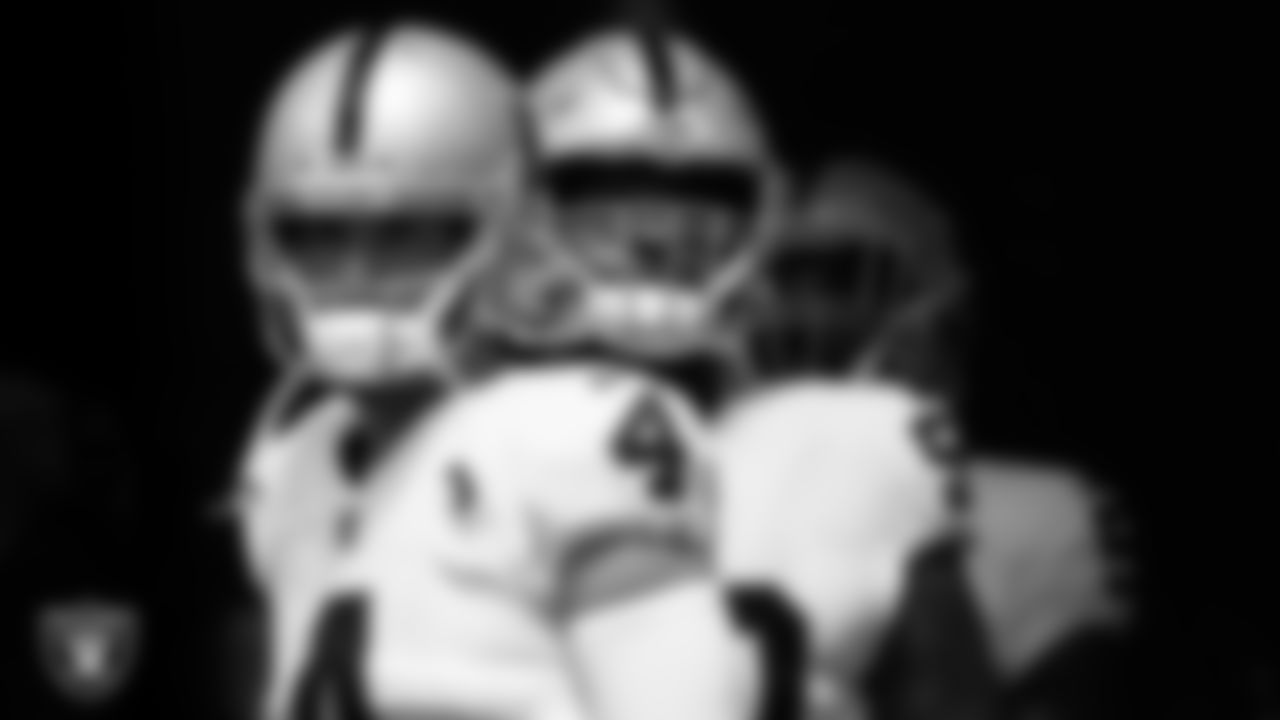 Las Vegas Raiders quarterback Derek Carr (4) waits to be introduced onto the field before the regular season away game against the Los Angeles Chargers at SoFi Stadium.