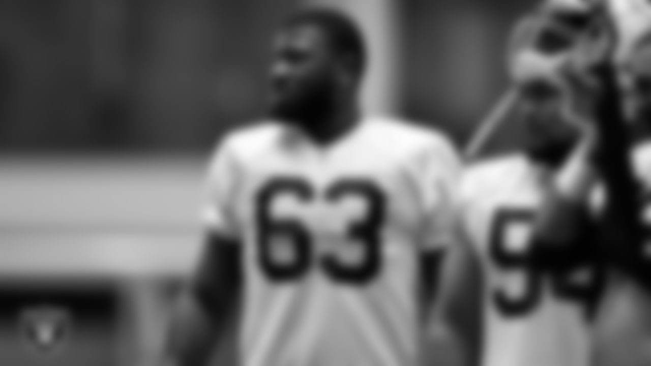 Las Vegas Raiders guard McClendon Curtis (63) on the field for practice at 2023 Training Camp at Intermountain Health Performance Center.