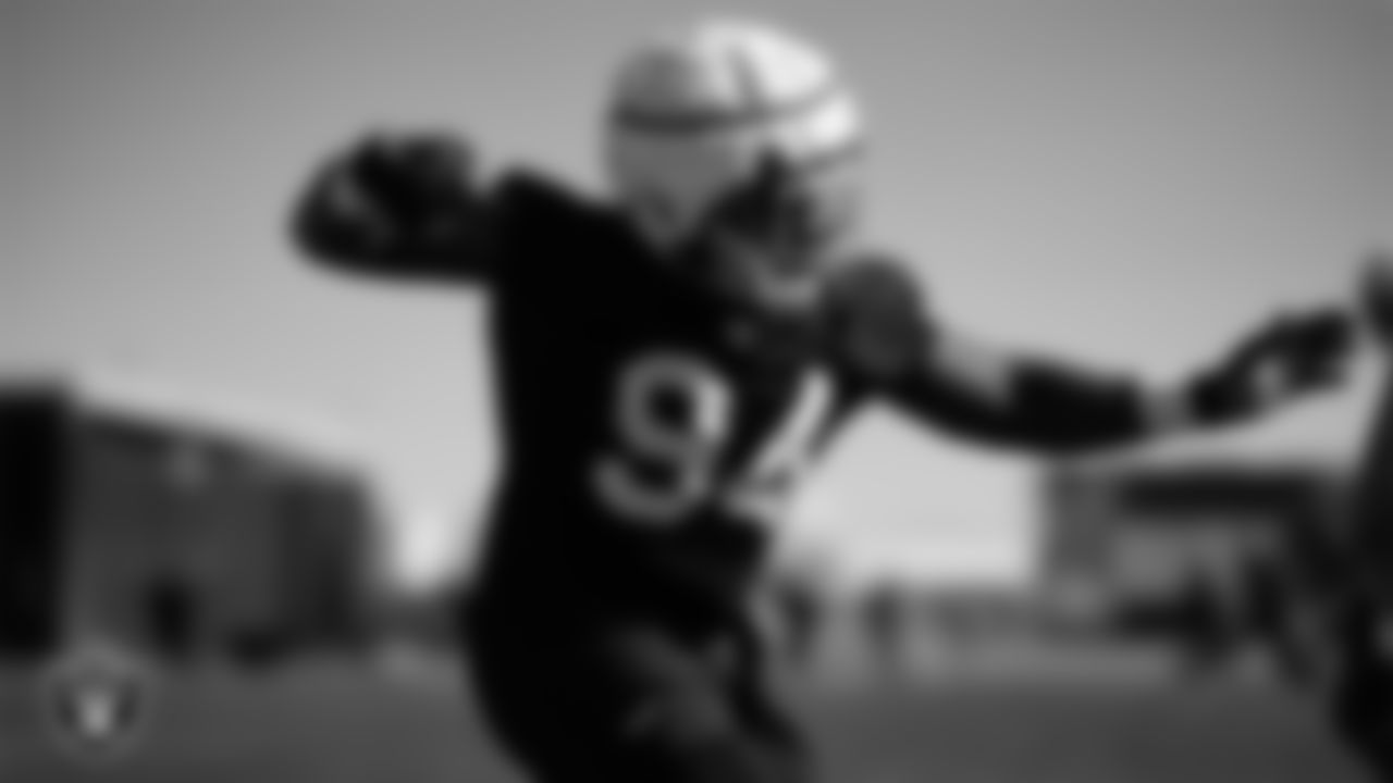 Las Vegas Raiders defensive tackle Matthew Butler (94) on the field for practice at 2023 Training Camp at Intermountain Health Performance Center.