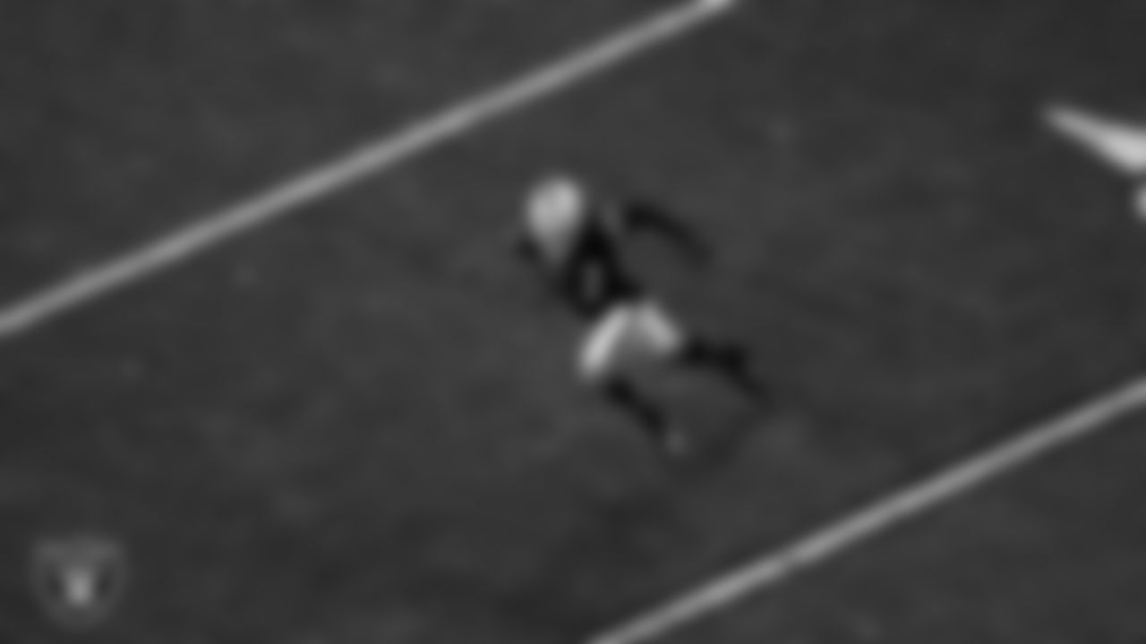 Las Vegas Raiders wide receiver Tyron Johnson (17) returns a kickoff during the regular season home game against the Los Angeles Chargers.