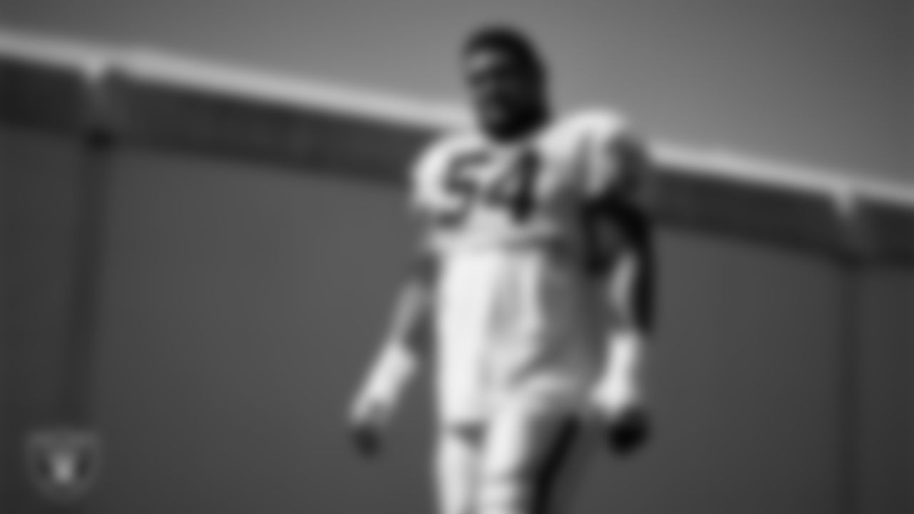 Las Vegas Raiders guard Netane Muti (54) on the field for a joint practice with the Los Angeles Rams at 2023 Training Camp at California Lutheran University.