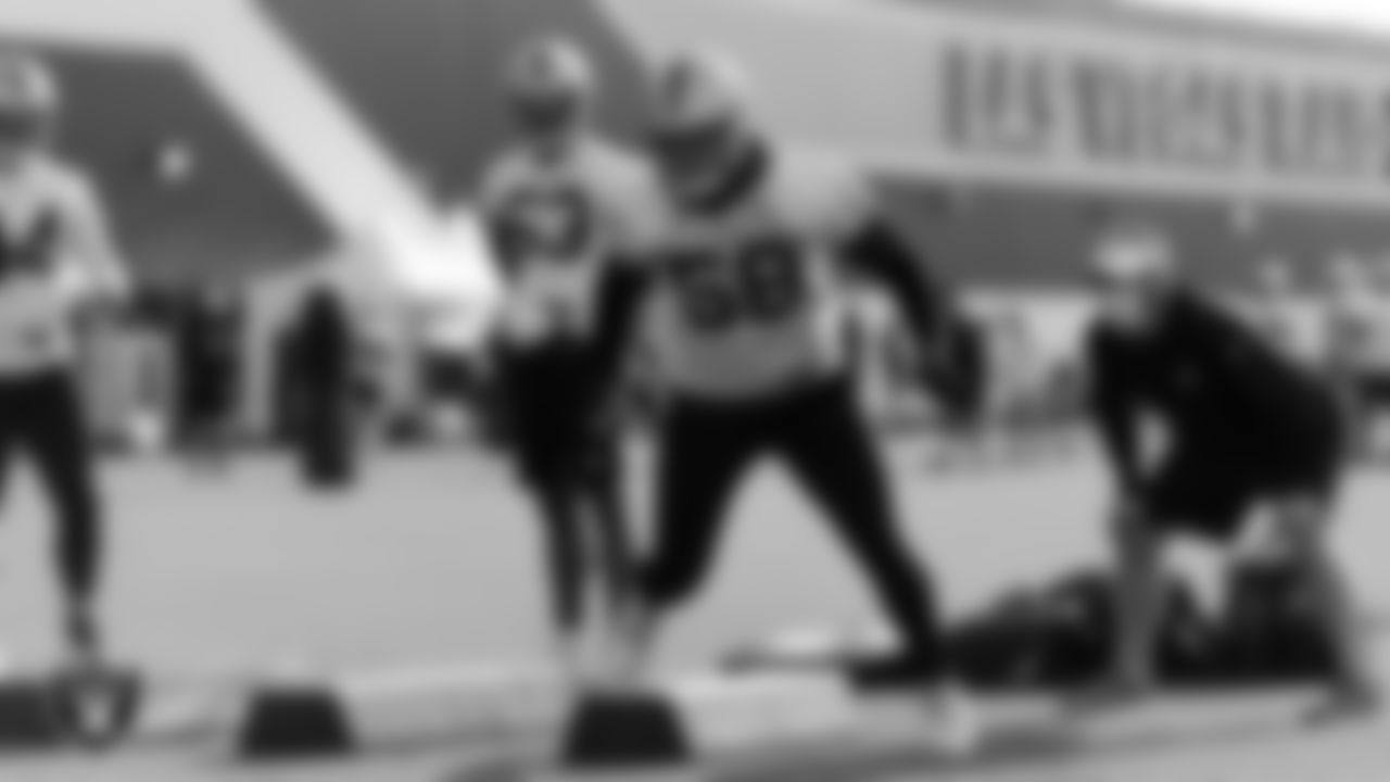 Las Vegas Raiders linebacker Kyle Wilber (58) on the field for practice at 2020 Training Camp.