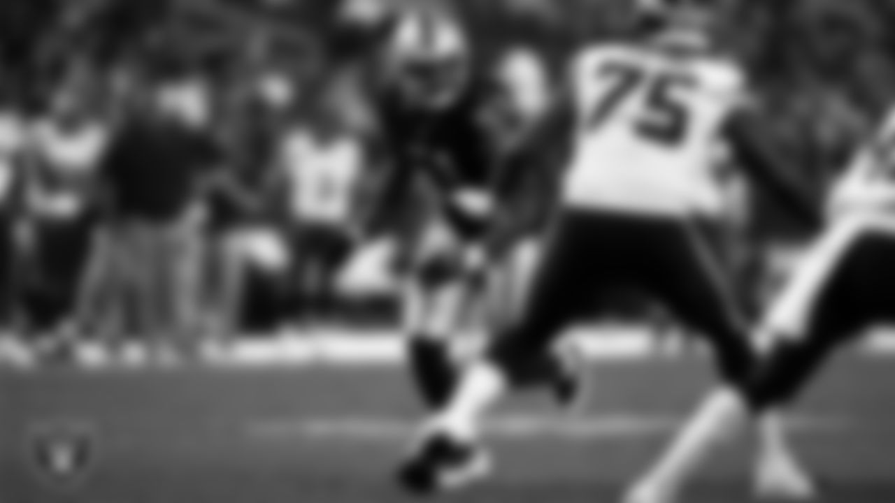 Las Vegas Raiders defensive end Malcolm Koonce (51) rushes the quarterback during the preseason home game against the Seattle Seahawks at Allegiant Stadium.