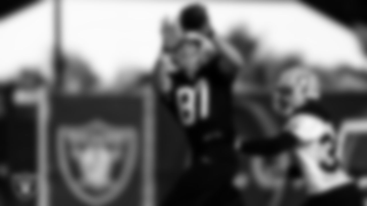 Las Vegas Raiders tight end Foster Moreau (87) and defensive back Rashaan Gaulden (33) during practice at Intermountain Healthcare Performance Center.