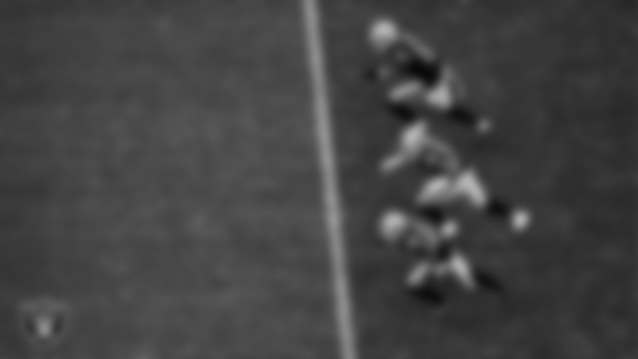 Las Vegas Raiders defensive end Malcolm Koonce (51), linebacker Curtis Bolton (36) and running back Ameer Abdullah (22) during the regular season home game against the Kansas City Chiefs at Allegiant Stadium.