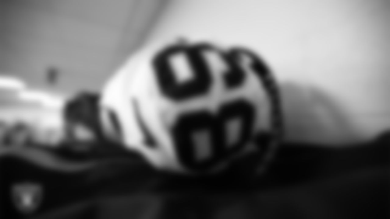 Las Vegas Raiders wide receiver Bryan Edwards' (89) pads in the locker room prior to the Las Vegas Raiders' arrival for their postseason away game against the Cincinnati Bengals.