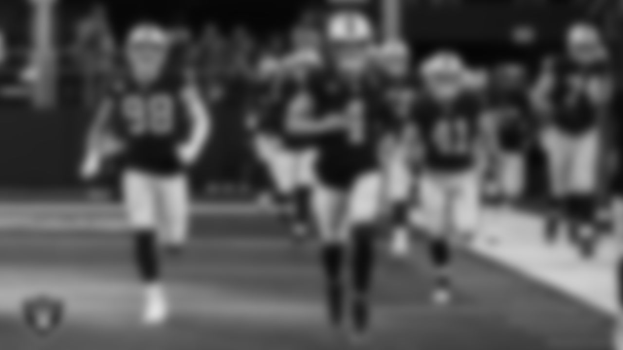 The Las Vegas Raiders are introduced onto the field before their regular season away game against the Dallas Cowboys.