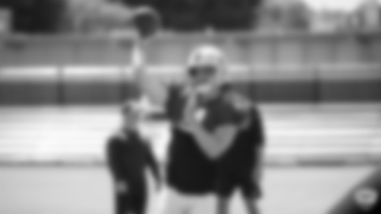 Raiders quarterback Derek Carr (4) on the field for practice at 2019 Training Camp.