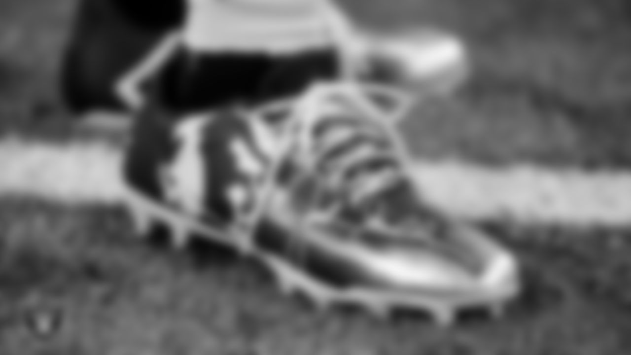 Las Vegas Raiders wide receiver DeSean Jackson's (1) cleats during warm ups before the regular season away game against the Indianapolis Colts.