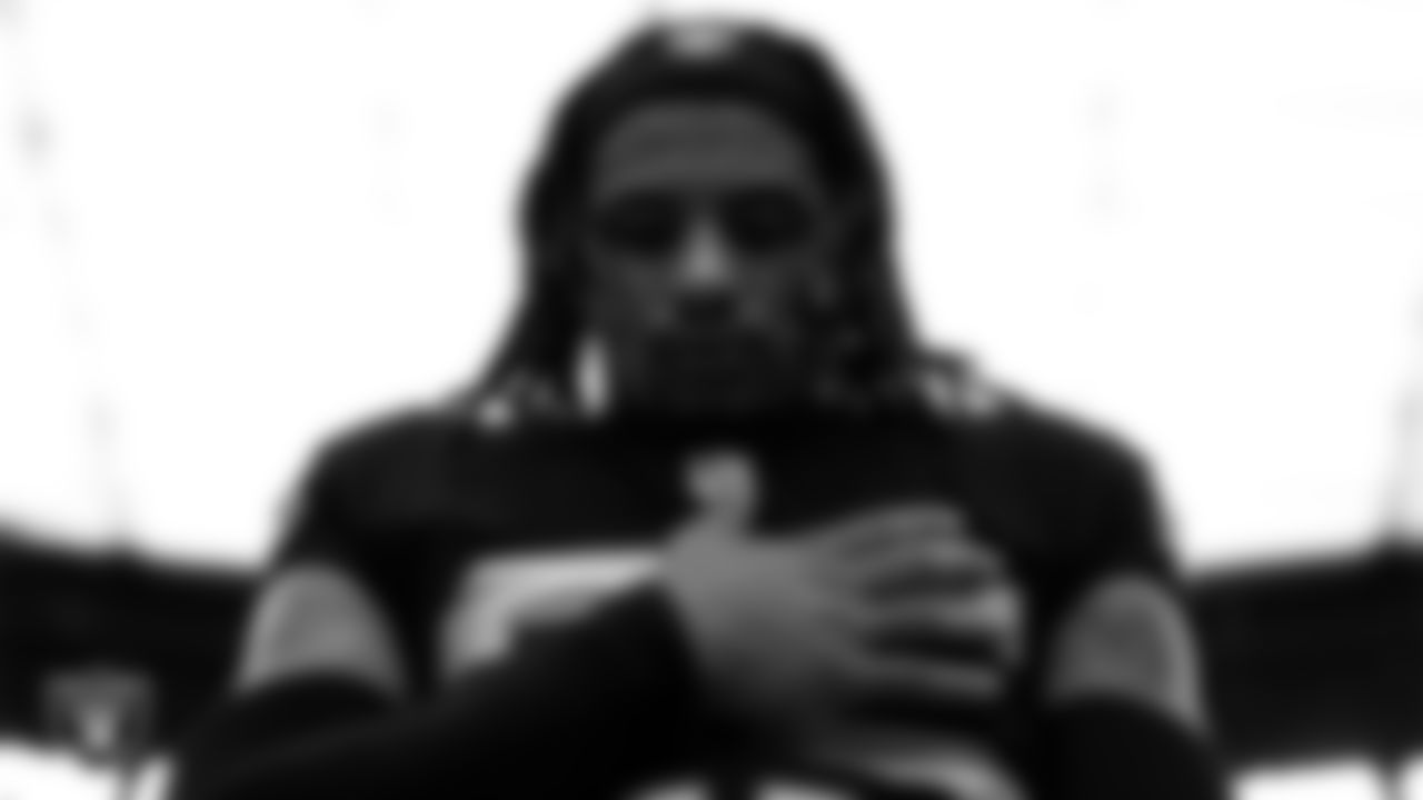 Las Vegas Raiders safety Tre'von Moehrig (25) during the national anthem before the Raiders' regular season home game against the Miami Dolphins at Allegiant Stadium.