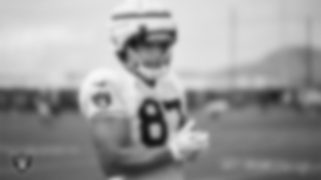 Las Vegas Raiders tight end Michael Mayer (87) on the field for practice at 2023 Training Camp at Intermountain Health Performance Center.