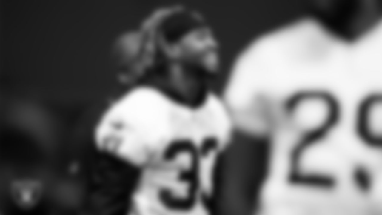 Las Vegas Raiders safety Roderic Teamer (33) during practice at Intermountain Healthcare Performance Center.