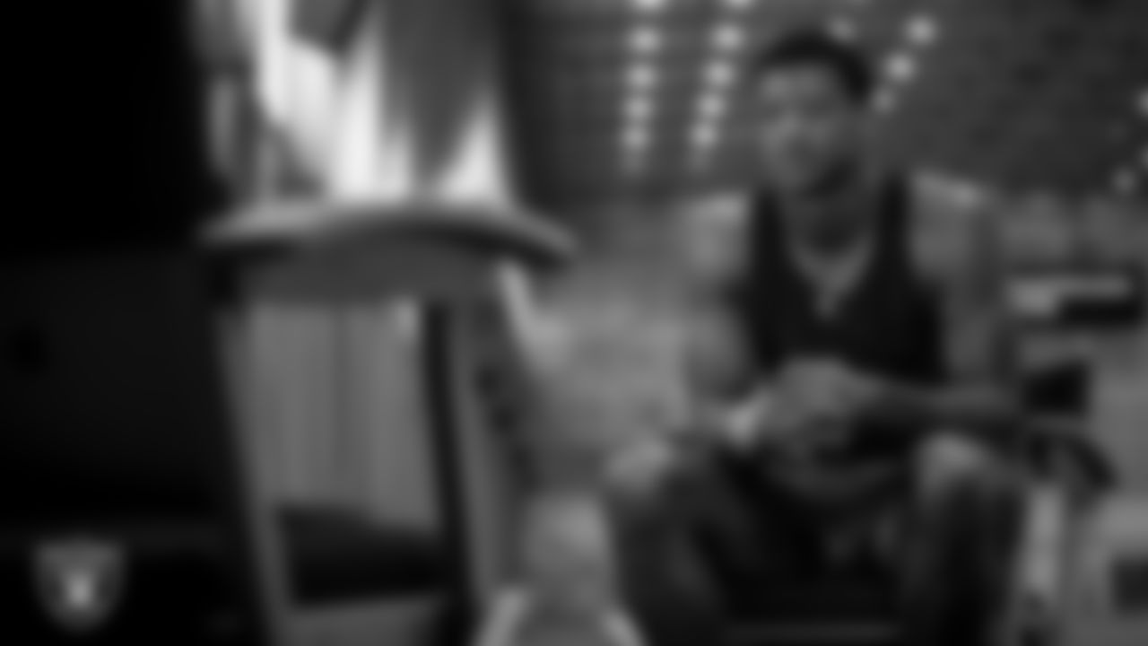 Las Vegas Raiders linebacker Javin White (53) sits down for an interview with Silver and Black Productions after arriving for 2020 Training Camp.