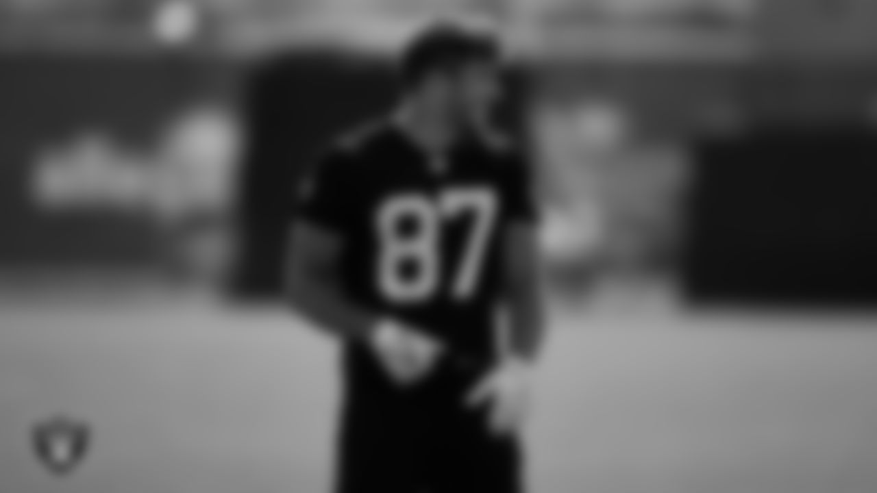 Las Vegas Raiders tight end Foster Moreau (87) during practice at Intermountain Healthcare Performance Center.