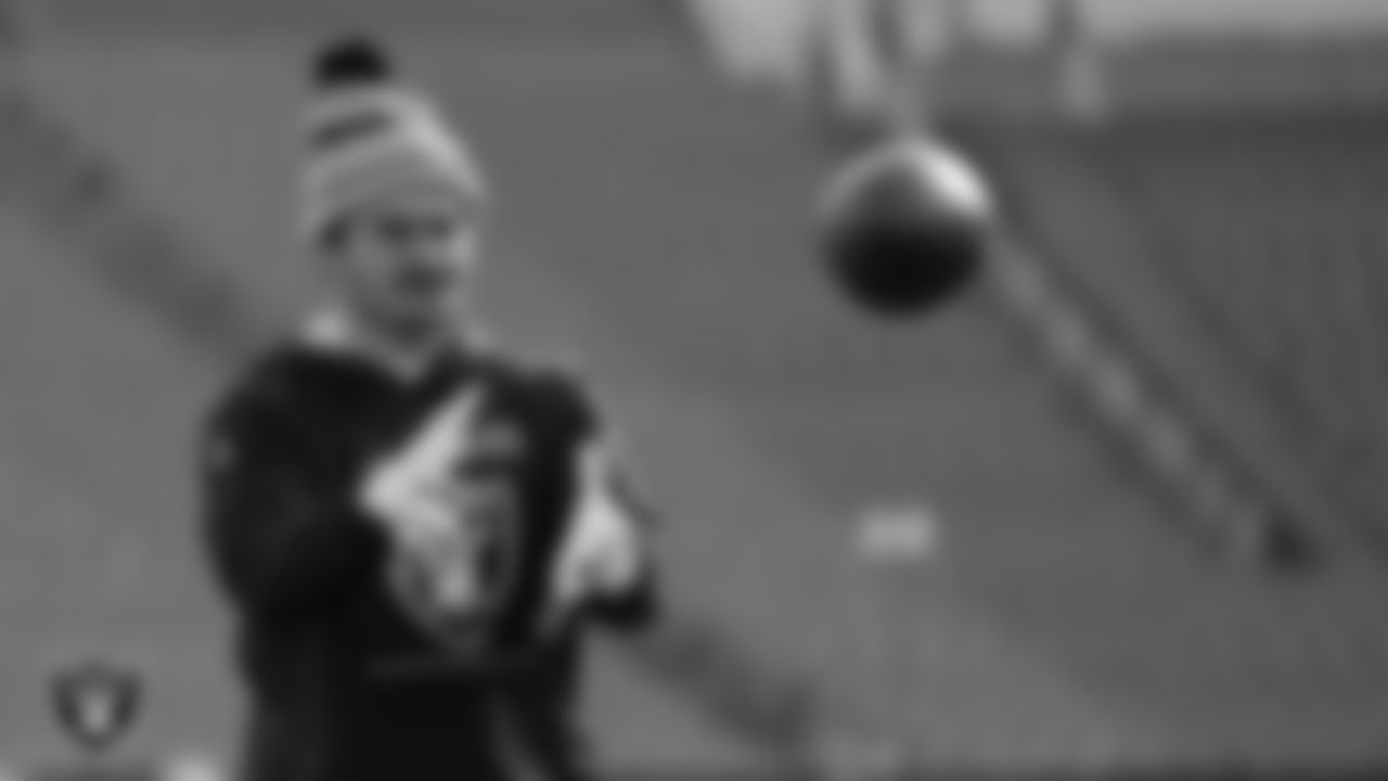 Las Vegas Raiders wide receiver Dillon Stoner (16) warming up before the postseason away game against the Cincinnati Bengals.