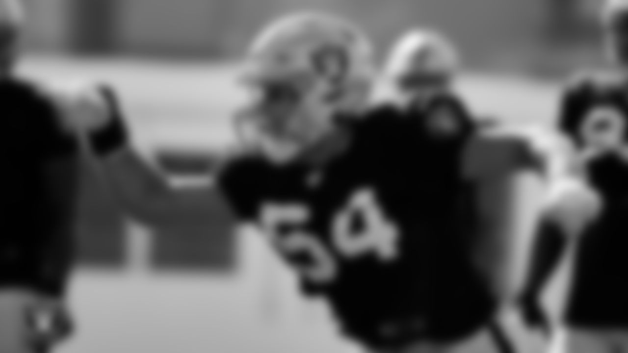 Las Vegas Raiders defensive end Zach VanValkenburg (54) on the field for a joint practice with the New England Patriots at 2022 Training Camp at Intermountain Healthcare Performance Center.