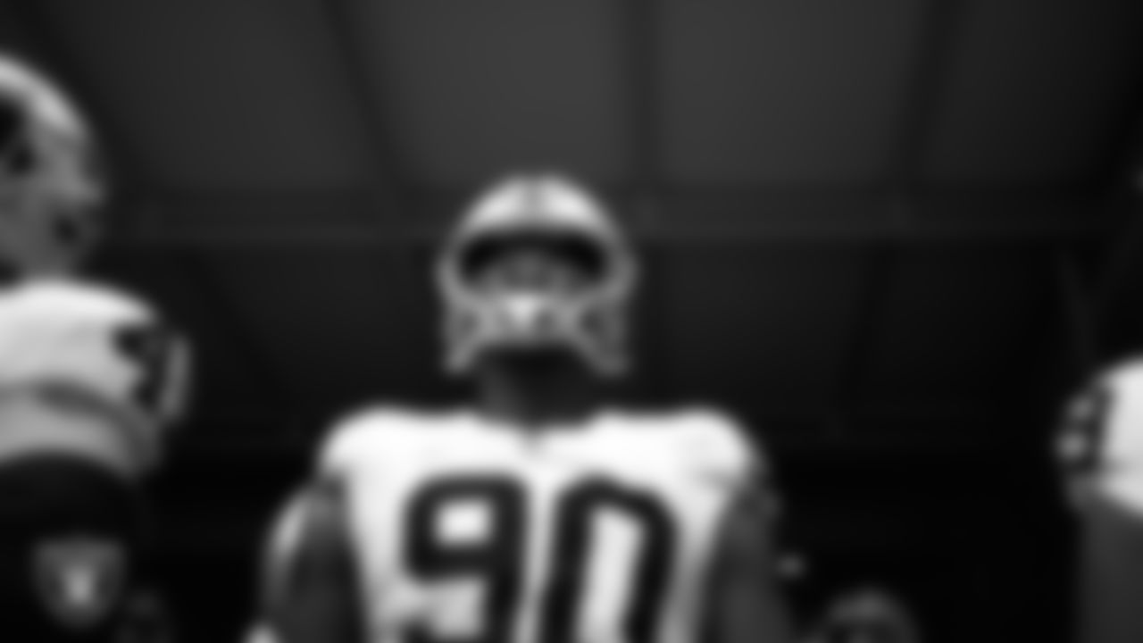 Las Vegas Raiders defensive lineman Jerry Tillery (90) waits for the team to be introduced onto the field before the regular season away game against the Los Angeles Chargers at SoFi Stadium.