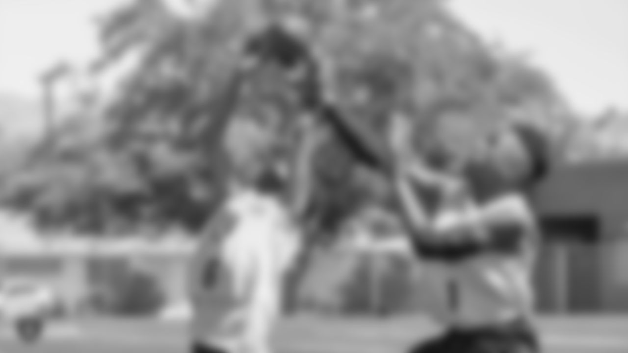 The Raiders, represented by alumnus Leo Gray, collaborate with the Las Vegas Metro Police Activities League to start a 7-on-7 NFL FLAG Passing League for high school junior varsity athletes, Saturday, April 20, 2019, at Rancho High School in Las Vegas, Nev.