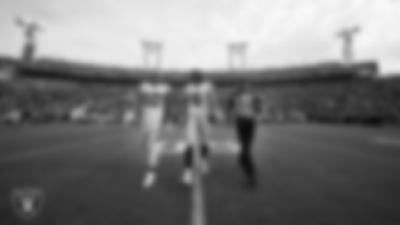 Las Vegas Raiders wide receiver Mack Hollins (10) and punter AJ Cole (6) walk out to the center of the field for the coin toss before the regular season away game against the the Jacksonville Jaguars at TIAA Bank Field.