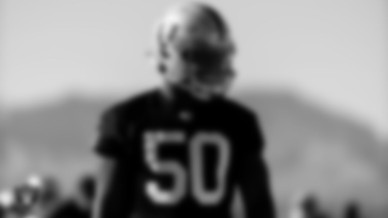 Las Vegas Raiders linebacker Nicholas Morrow (50) during practice at Intermountain Healthcare Performance Center.