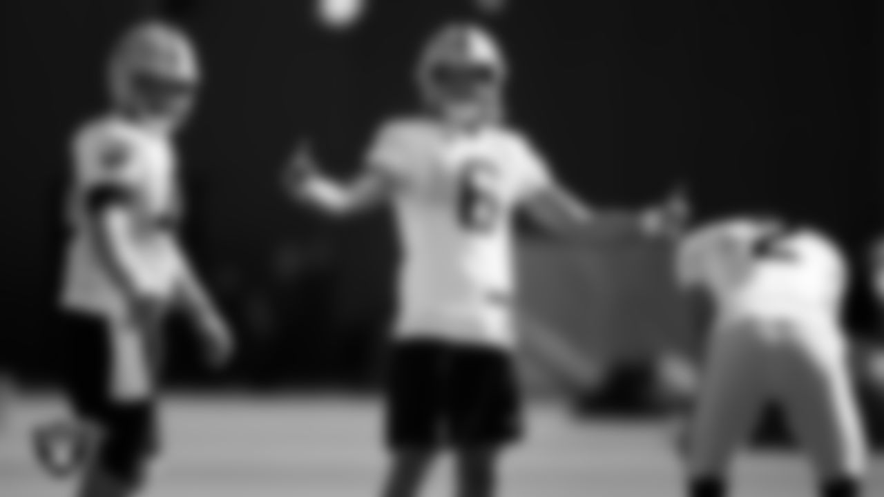 Las Vegas Raiders long snapper Trent Sieg (47), punter AJ Cole (6) and kicker Daniel Carlson (2) on the field for practice at 2022 Training Camp at Intermountain Healthcare Performance Center.