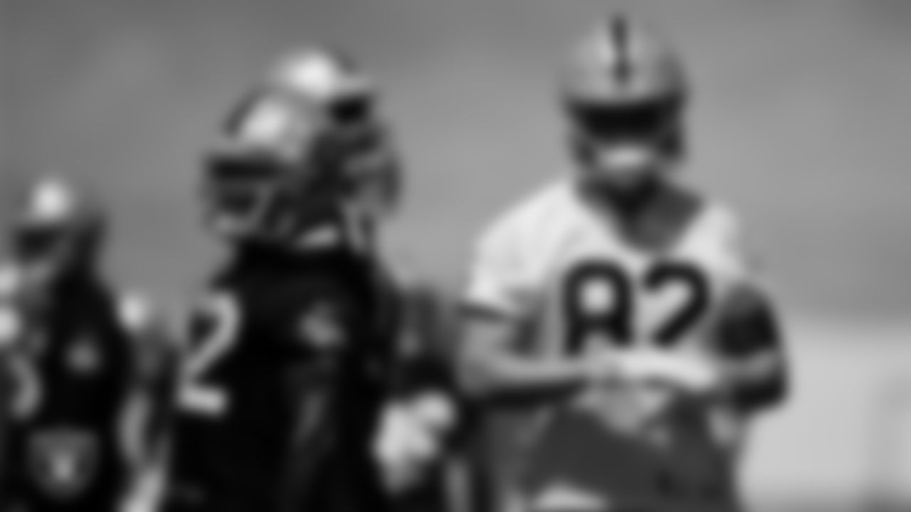Las Vegas Raiders tight end Nick Bowers (82) at an Organized Team Activity (OTA).