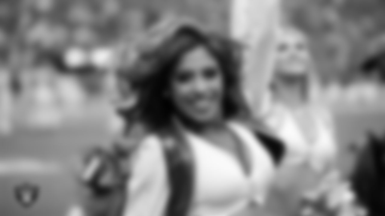 Raiderette Monica G. on the sidelines during the regular season home game against the Houston Texans at Allegiant Stadium.