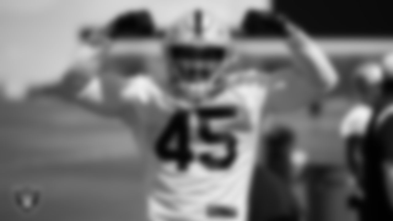 Las Vegas Raiders fullback Jakob Johnson (45) at an Organized Team Activity (OTA) at Intermountain Health Performance Center.