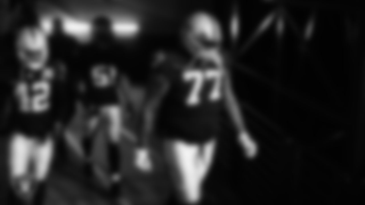 Las Vegas Raiders tackle Trent Brown (77) walks down the tunnel before the regular season home game against the Los Angeles Chargers.