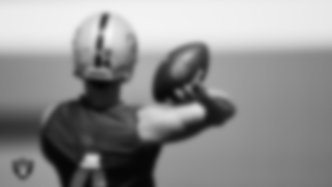 Las Vegas Raiders quarterback Derek Carr (4) during practice at Intermountain Healthcare Performance Center.