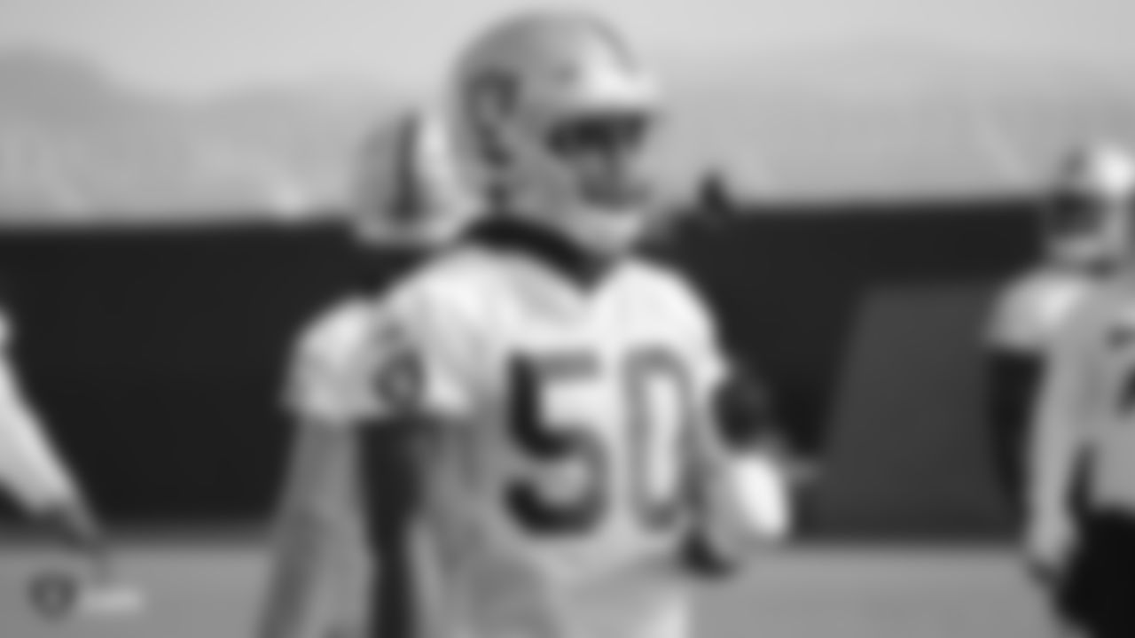 Raiders linebacker Nicholas Morrow (50) stands on the field during practice.