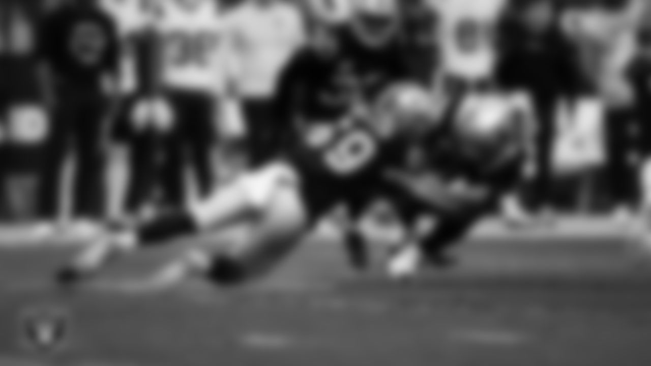 Las Vegas Raiders linebacker Luke Masterson (59) makes a tackle during the regular season home game against the New England Patriots at Allegiant Stadium.