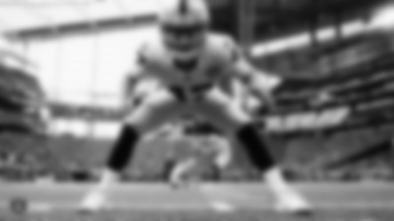 Oakland Raiders long snapper Trent Sieg (47) warming up before the Oakland Raiders regular season game against the Minnesota Vikings at U.S. Bank Stadium.