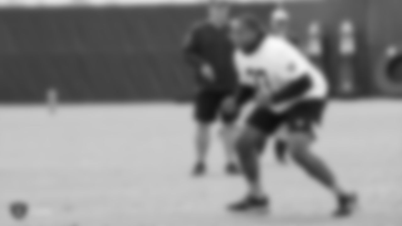 Raiders tackle Trent Brown (77) at a workout during phase two of the offseason program at the Raiders Practice Facility in Alameda, Calif.
