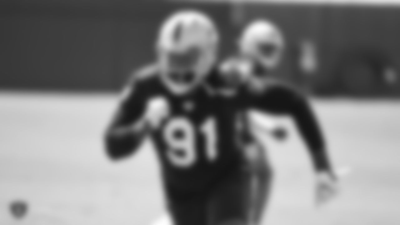 Raiders defensive end Benson Mayowa (91) at an Organized Team Activity (OTA) at the Raiders Practice Facility in Alameda, Calif.