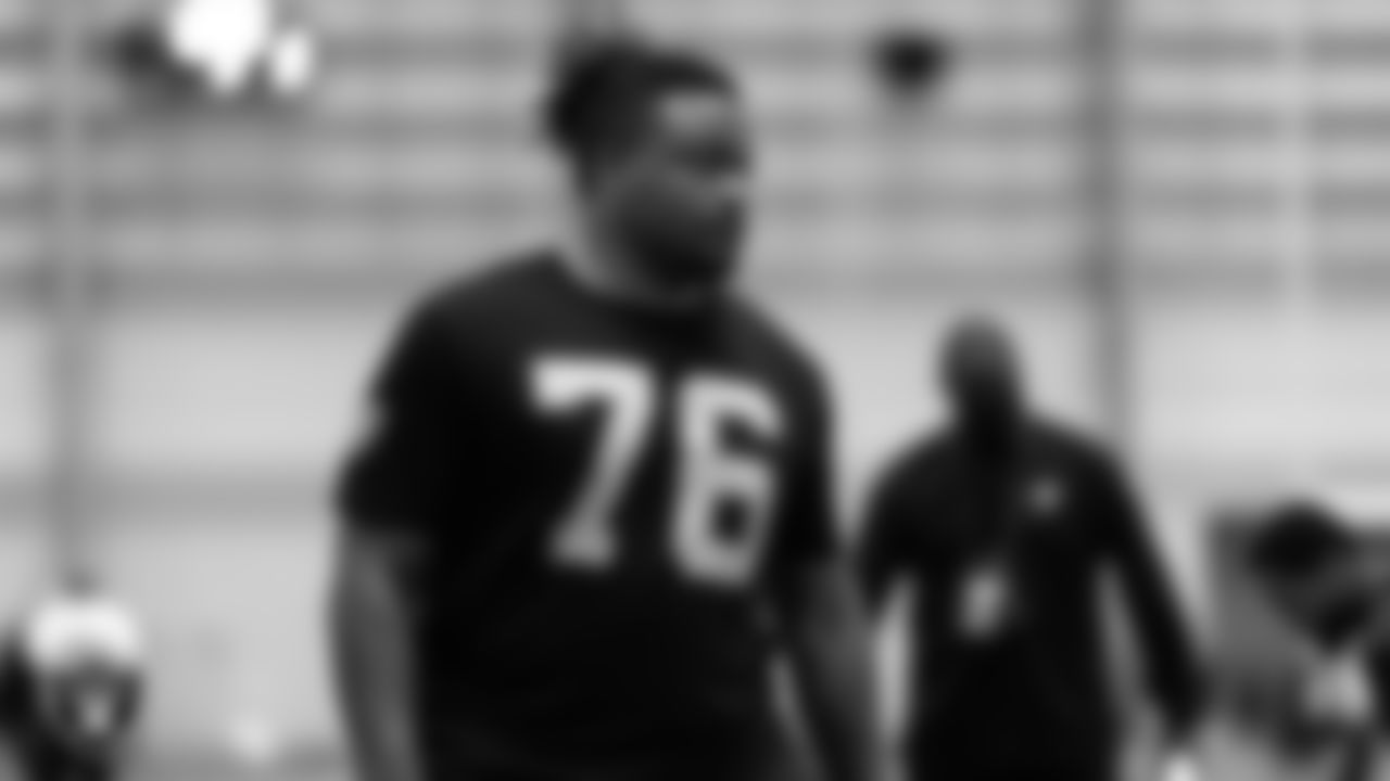 Las Vegas Raiders guard John Simpson (76) on the field for a walk through at 2020 Training Camp.