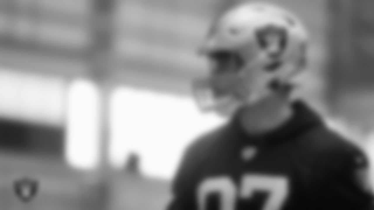 Las Vegas Raiders tight end Foster Moreau (87) during practice at Intermountain Healthcare Performance Center.