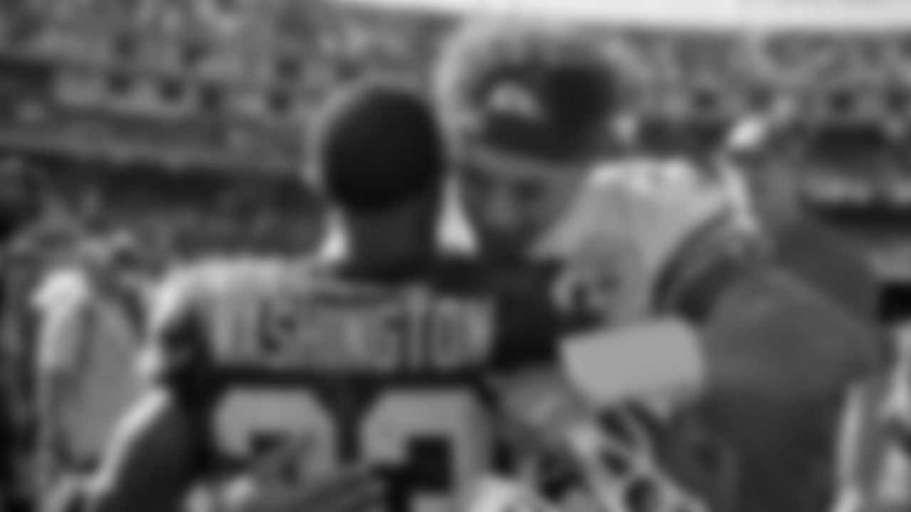 Raiders running back DeAndré Washington (33) with Kansas City Chiefs quarterback Patrick Mahomes (15) after the Raiders regular season game against the Kansas City Chiefs.