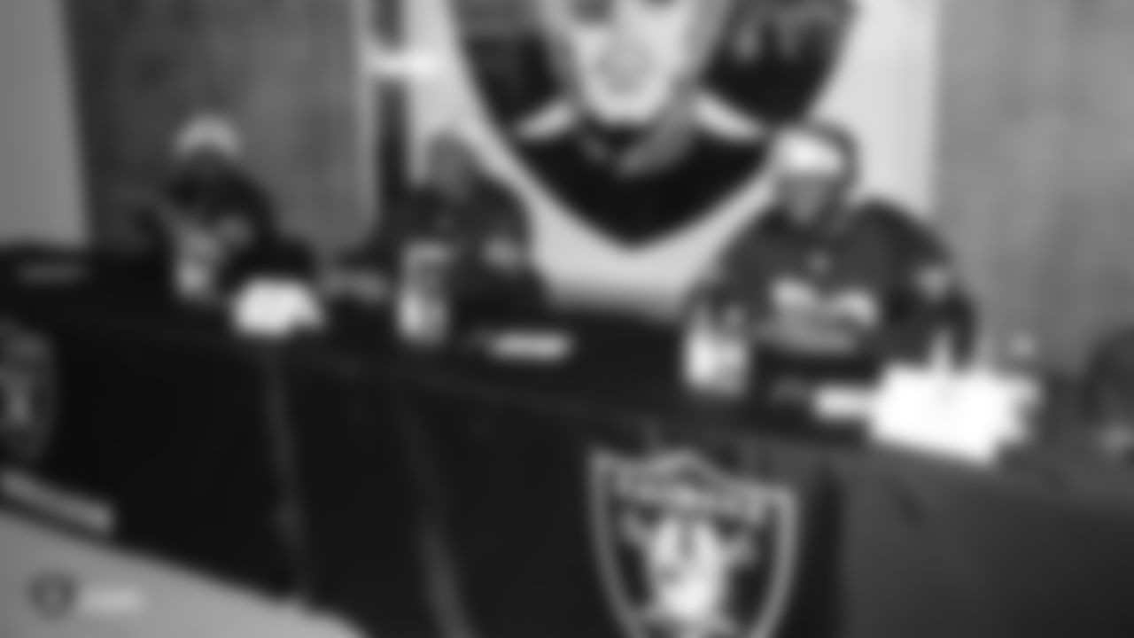 The Raiders Foundation hosts a Toys for Tots drive where guests have the chance to meet Oakland Raiders linebacker Jason Cabinda (53), linebacker Marquel Lee (55), and defensive tackle Maurice Hurst (73) in exchange for a toy or $20 donation to the charity, Tuesday, December 4, 2018, in Hayward, California.