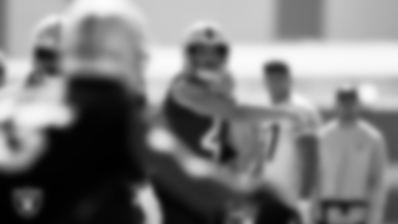 Las Vegas Raiders quarterback Derek Carr (4) during practice at Intermountain Healthcare Performance Center.