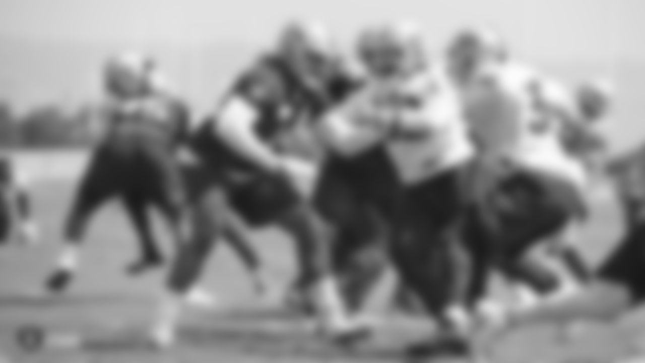 Oakland Raiders tackle TJ Clemmings (74) on the field for practice at the Oakland Raiders Practice Facility, Monday, September 3, 2018, in Alameda, California.