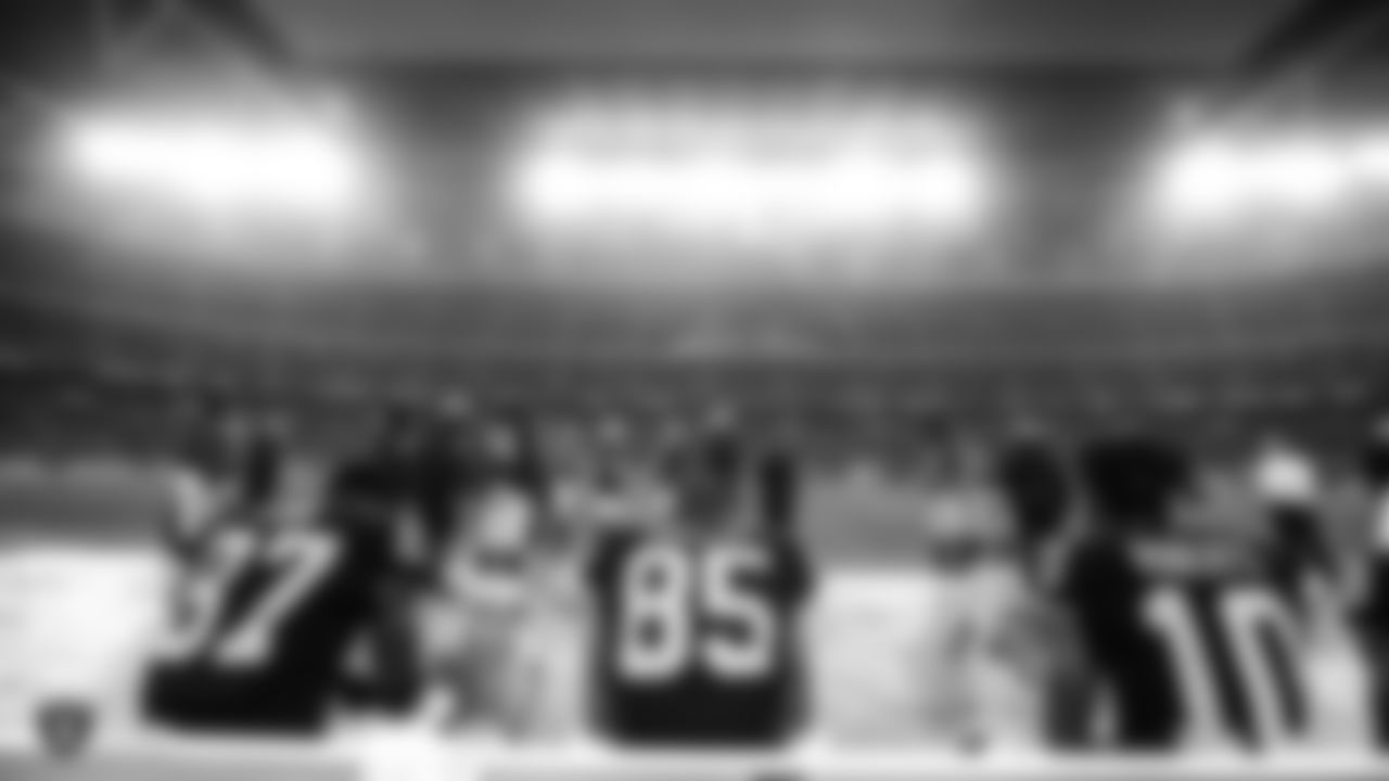 Oakland Raiders tight end Jared Cook (87) and Oakland Raiders tight end Derek Carrier (85) during the Oakland Raiders regular season game against the Seattle Seahawks at Wembley stadium on October 14th, 2018, in London, United Kingdom. The Oakland Raiders lost 27-3.