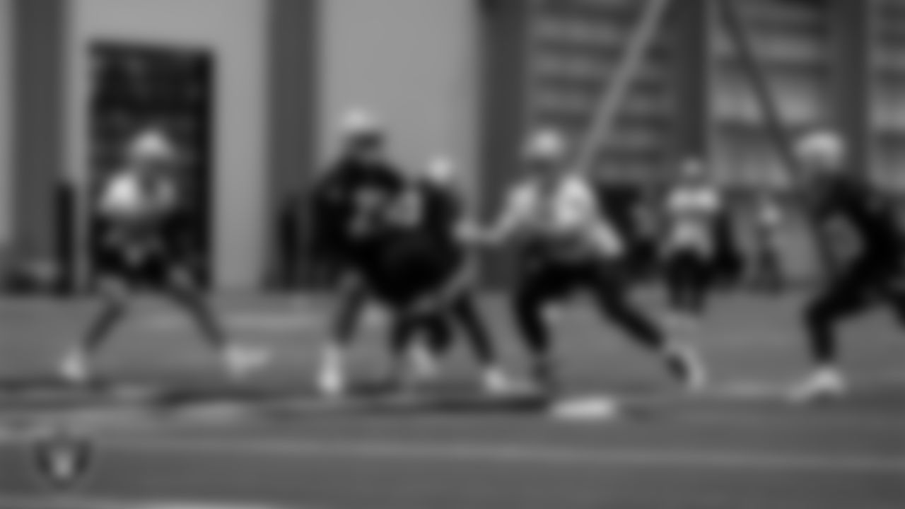 Las Vegas Raiders wide receiver Dillon Stoner (16), defensive tackle Darius Stills (79), defensive back Isiah Brown (10) and tight end Nick Bowers (82) at day one of 2021 Rookie Minicamp.