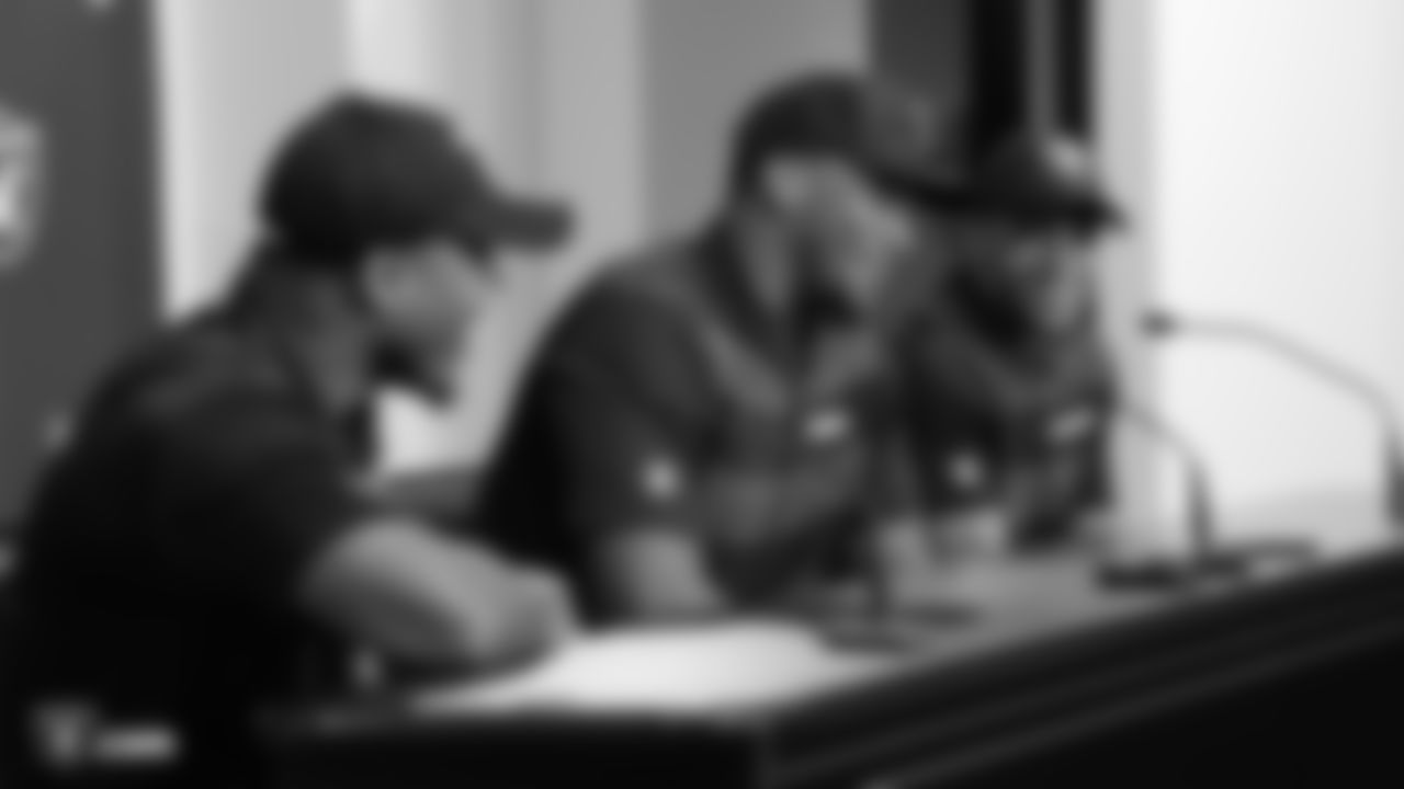 Raiders 1st round draft picks defensive end Clelin Ferrell, running back Josh Jacobs, and safety Johnathan Abram at a press conference following their selection in the 2019 NFL Draft at the Raiders Practice Facility in Alameda, Calif.